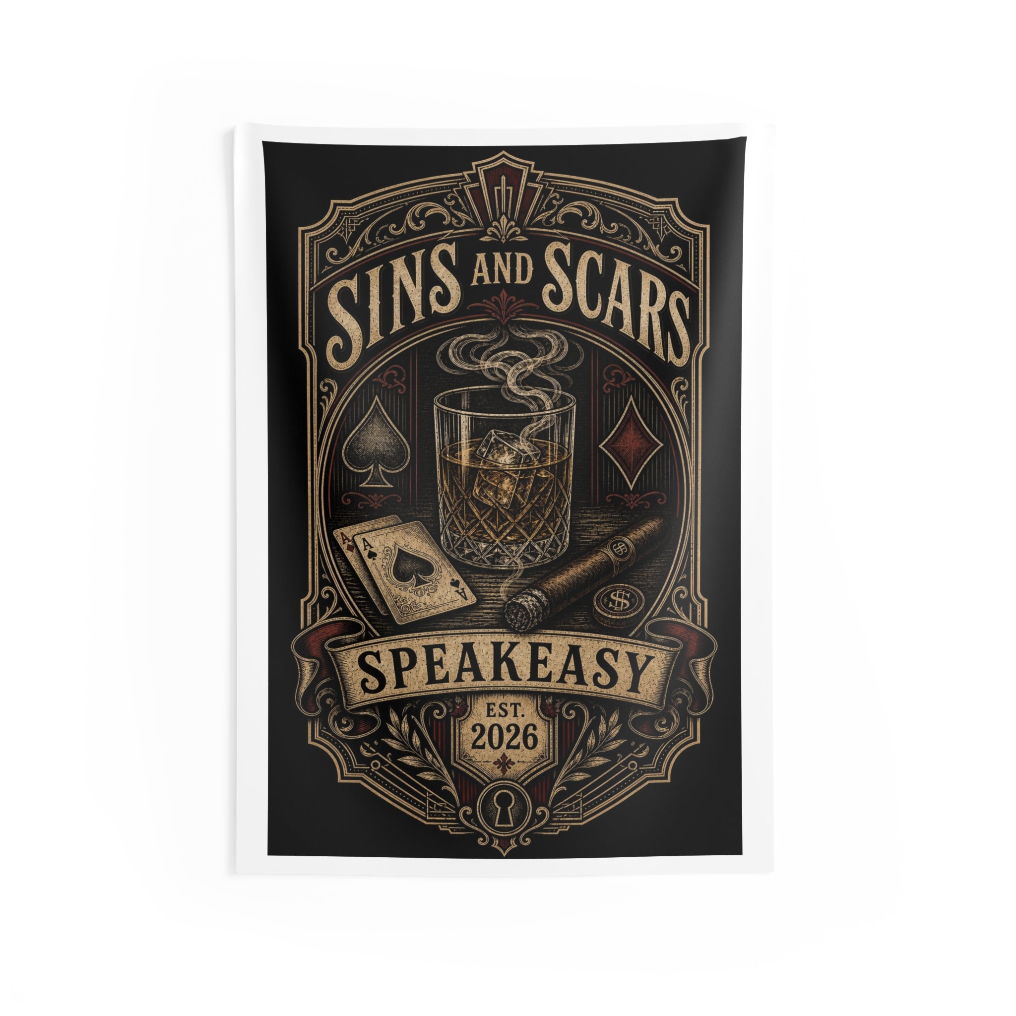 Speakeasy Tapestry — 'Sins and Scars' Vintage Cocktail Bar Wall Art (Est. 2026)